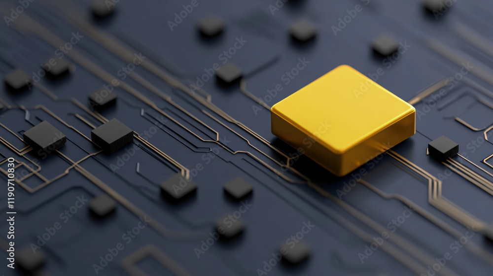 Poster golden microchip on a circuit board highlighting advanced technology and innovation in electronics