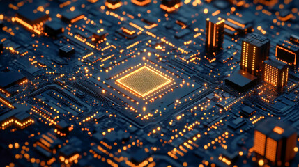 Aerial view of a futuristic circuit board illuminated by golden lights, showcasing intricate electronic components and connections