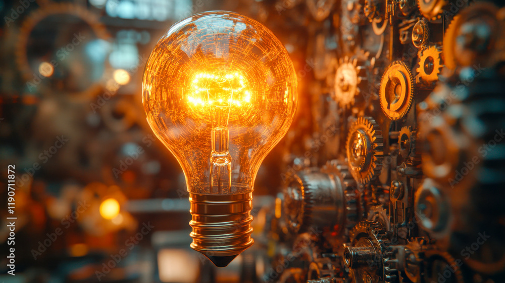 Poster light bulb emits warm glow in a steampunk-inspired mechanical backdrop filled with gears and machine