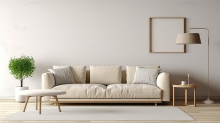 Fototapeta premium Minimalist beige sofa in a light and airy living room with wooden accents.