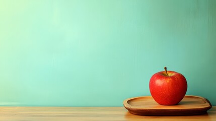 Fresh Red Apple on Wooden Plate Against Soft Turquoise Background, Highlighting Simplicity and Natural Beauty in Culinary Presentation and Lifestyle Photography