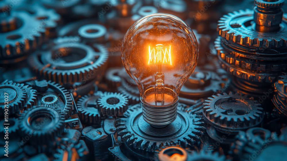 Aufkleber intricate gears surround a glowing light bulb representing innovation and mechanical engineering in 