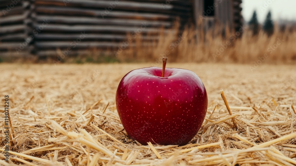 Poster fresh red apple placed on straw in farm field with rustic log cabin background capturing nature's be