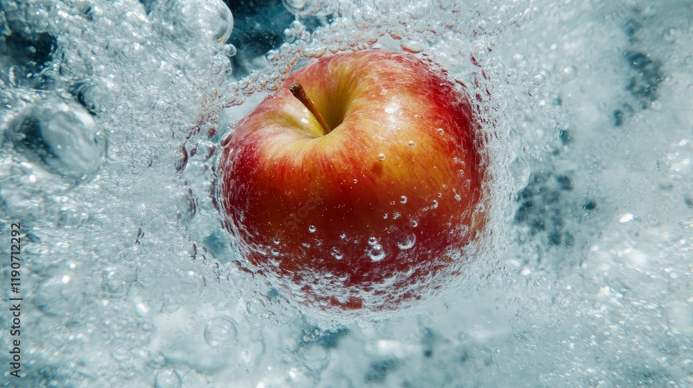 Poster fresh red apple submerged in clear water with bubbles captured in a stunning underwater view for cre