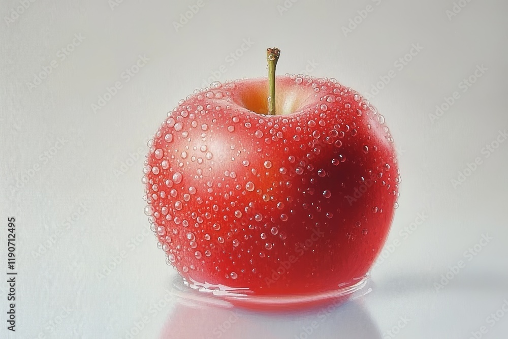 Poster fresh red apple surrounded by water droplets on a smooth surface, emphasizing the juicy texture and 