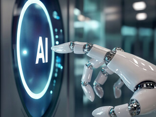 Robot hands point with AI button, robotic artificial intelligence technology concept 


