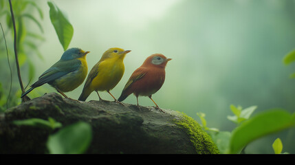 Three Vibrant Birds in a Lush Forest