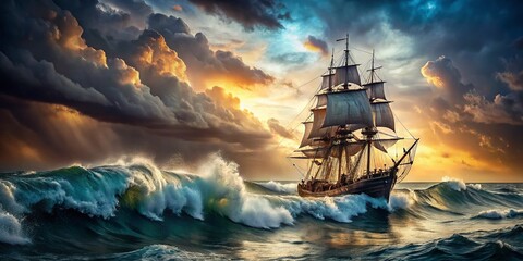 Obraz premium Dramatic Sailing Ship Battling Stormy Waves at Sea - Stock Photo