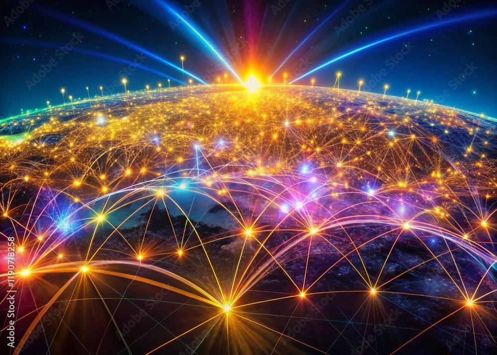 Poster panoramic abstract technology big data background: futuristic network connections and digital stream