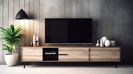 Gorgeous Cabinet TV in modern living room with decoration on wooden wall background