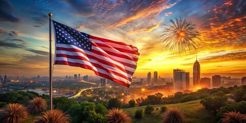 Panoramic American Flag Waving Over Cityscape, Independence Day Celebration