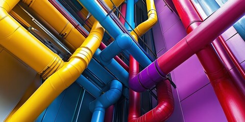 A vibrant image of exposed pipes running through an art installation, creating a visually dynamic effect