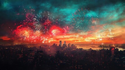 A vibrant image of fireworks bursting over a cityscape as the clock strikes midnight on New Year Eve