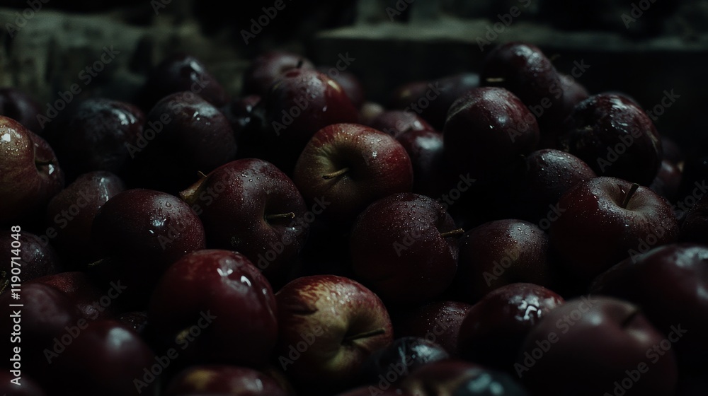 Poster fresh red apples gathered in a rustic setting with dewy texture and rich color for healthy diet and 