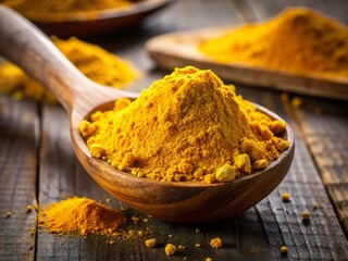 Dried Turmeric Powder on Wooden Spoon - Vibrant Yellow Spice