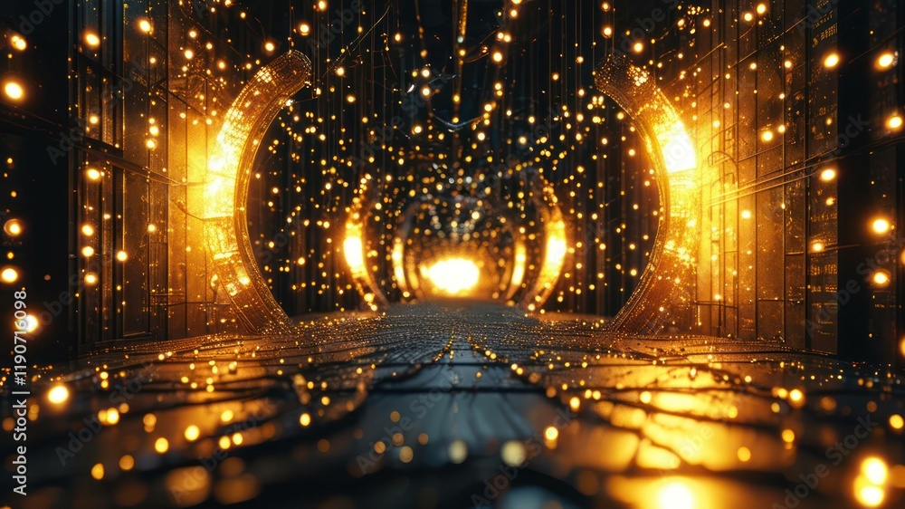 Poster futuristic tunnel filled with glowing particles and lights, creating an immersive experience in a di