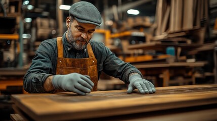 A focused carpenter meticulously sands a wooden tabletop in a workshop filled with tools and materials during the evening hours. His careful technique highlights skilled craftsmanship