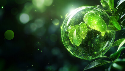 Business model disruption innovation. Green leaves inside glowing sphere symbolize sustainability