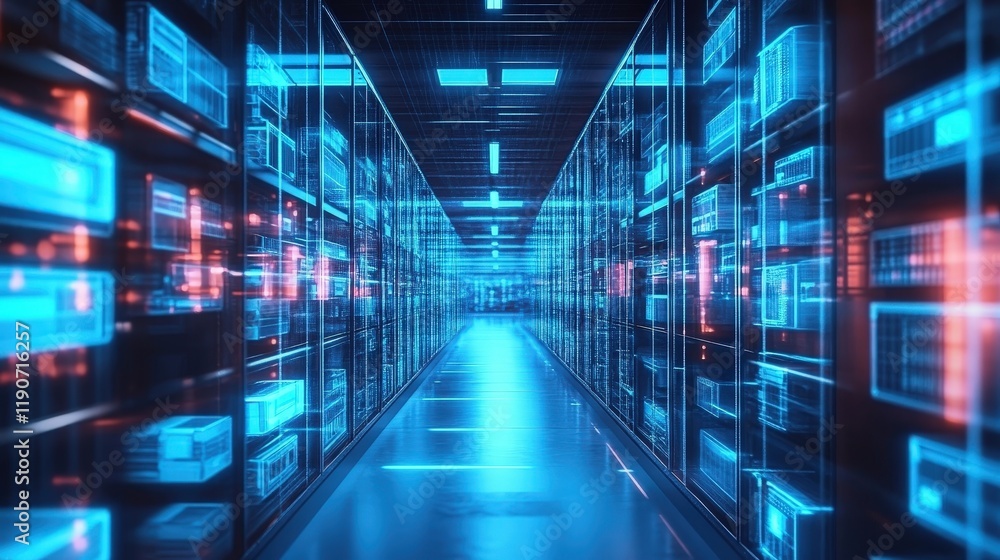 Poster futuristic data center with neon lights and automated workflow for enhanced efficiency and data mana