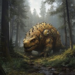 Majestic Dinosaur Roaming Through a Misty Forest Landscape with Lush Greenery and Mystery.