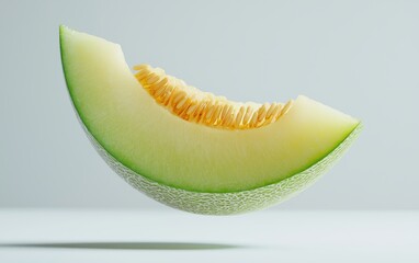 A wedge of honeydew melon hovering mid-air, its light green flesh contrasting softly on a white surface