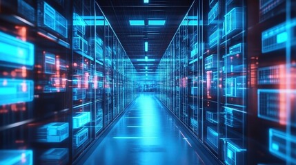 Obraz premium Futuristic Data Center with Neon Lights and Automated Workflow for Enhanced Efficiency and Data Management Solutions