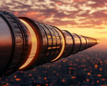 Business model disruption innovation. Futuristic hyperloop transportation system at sunset