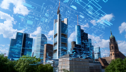 Obraz premium Business model disruption innovation. Futuristic cityscape with digital overlays and skyscrapers under blue sky