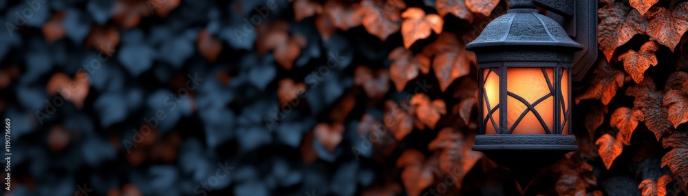 Poster autumn lantern glow: a rustic black lantern casts a warm inviting glow against a backdrop of vibrant