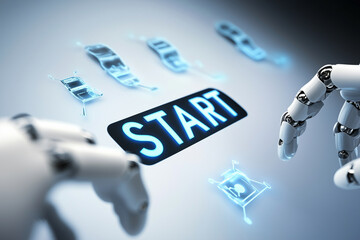 Robot hands point with Start-Stop button, robotic artificial intelligence technology concept