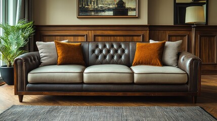 Fototapeta premium A stylish leather and fabric sofa with orange and gray pillows provides comfort in a modern living room featuring rich wood paneling and natural light from large windows