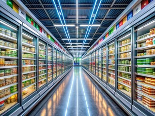 Obraz premium Drone View: Long Supermarket Frozen Food Aisle - Refrigerated Products