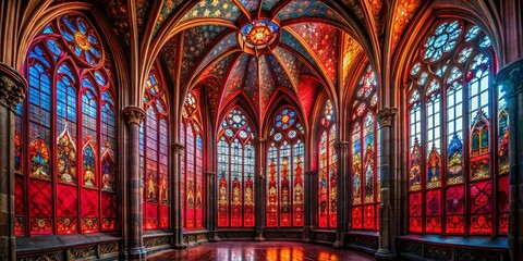 Panoramic Gothic Window, Red & Black Architectural Detail, Dark Romantic Interior
