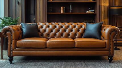 A stylish brown leather chesterfield sofa occupies the center of a contemporary living room. Black throw pillows enhance its luxurious appearance, complemented by wooden shelves in the background