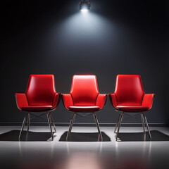 Obraz premium Three Red Chairs Under Bright Studio Lights Display