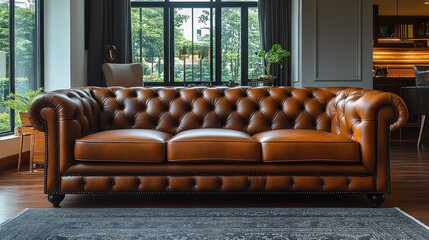 Obraz premium A luxurious brown leather chesterfield sofa is positioned in a bright living room with large windows, offering a view of greenery outside and a stylish interior design
