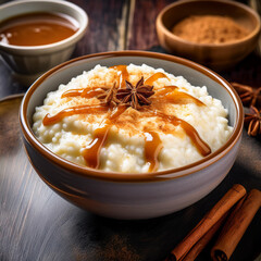 Comforting Bowl of Creamy Rice Pudding with Caramel