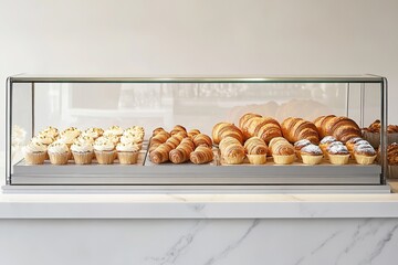 polished studio composition of minimalist pastry display case filled with golden croissants fluffy muffins and elegant