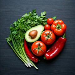 tomatoes and herbs, Fruits, orange, avocado, strawberry, juice in a glass, fruit knife, lemon, fresh