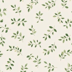 Delicate leaves in various shades of green are arranged in a repeating pattern on a soft light background, perfect for textile applications or home decor