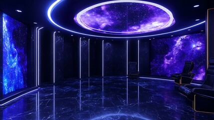 Futuristic space-themed room with glowing walls and starry ceiling, ideal for sci-fi settings