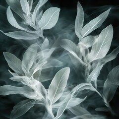Delicate leaves appear semi-transparent against a dark background, blending with a gentle mist that adds a dreamlike quality, evoking tranquility and reflection