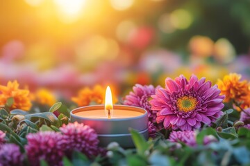 Gentle Glow of Candle Among Vibrant Flowers at Sunset, Creating a Serene and Peaceful Atmosphere in a Beautiful Garden Setting