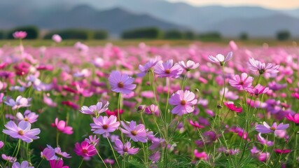 Obraz premium Vibrant field of blooming flowers showcasing various pinks against a scenic mountainous backdrop