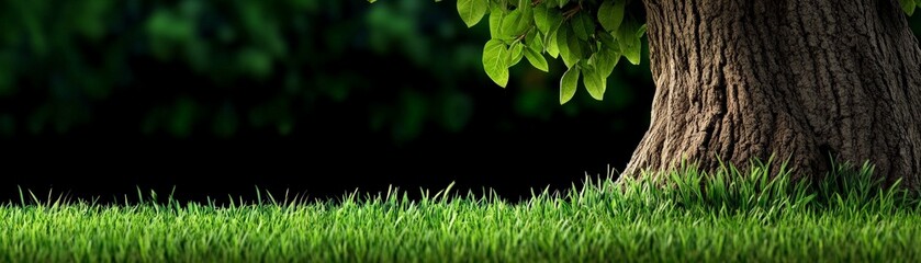 Obraz premium Serene Forest Scene: Lush green grass in the foreground contrasts with the imposing trunk of an ancient tree, its leaves gently swaying in the breeze.