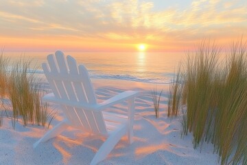 Serene Sunrise on a Sandy Beach with Adirondack Chair and Seagrass