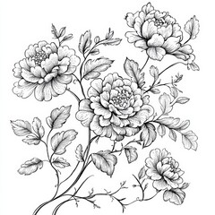 A delicate illustration showcases peony flowers in full bloom with detailed petals and leaves. The elegant design highlights the beauty of nature in a minimalist style