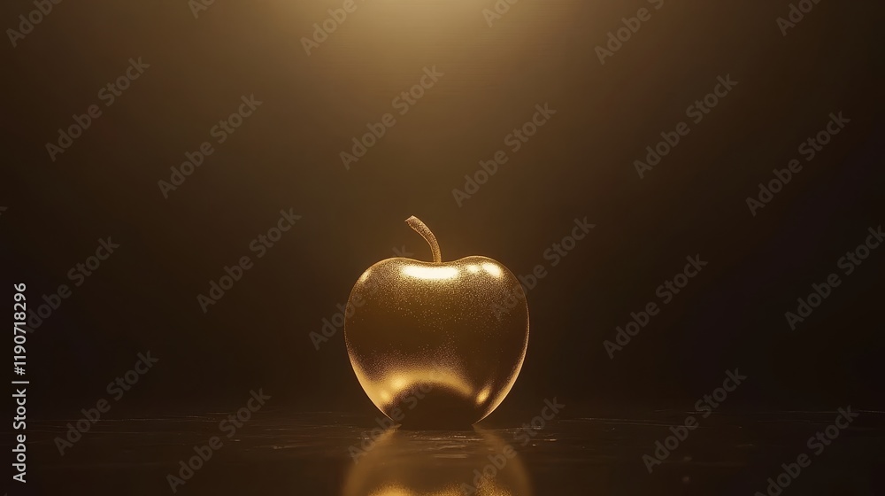 Poster glowing apple with golden hue showcasing perfect reflection and elegant shadow in ambient light for 