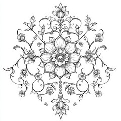 This artwork features a beautifully detailed floral mandala, showcasing a central flower surrounded by delicate vines and blossoms. The intricate lines create a harmonious and balanced composition