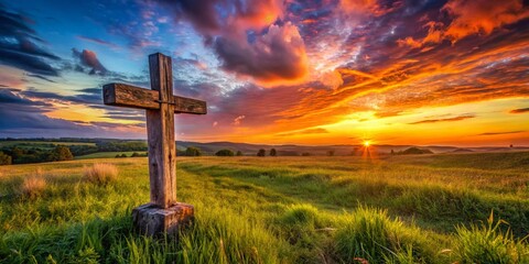 Fototapeta premium Panoramic Landscape Photography: Weathered Wooden Cross in Rural Cemetery at Sunset